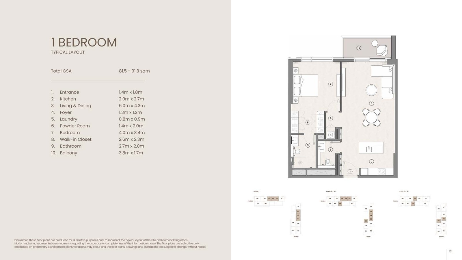 1 bedroom apartment floor plan at Tara Park by Modon on Al Reem Island Abu Dhabi
