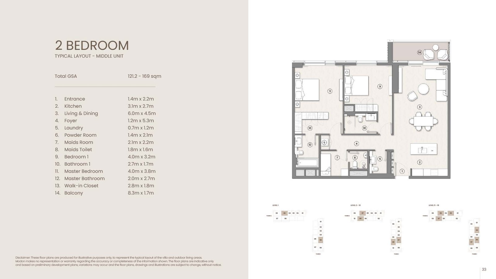 2 bedroom middle unit apartment floor plan at Tara Park by Modon Abu Dhabi