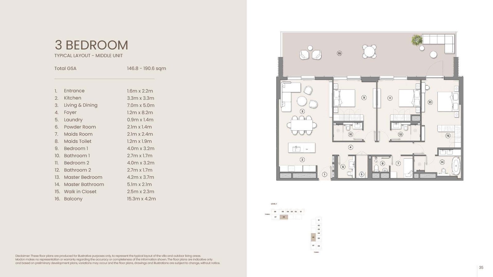 3 bedroom middle unit apartment floor plan at Tara Park by Modon Reem Island