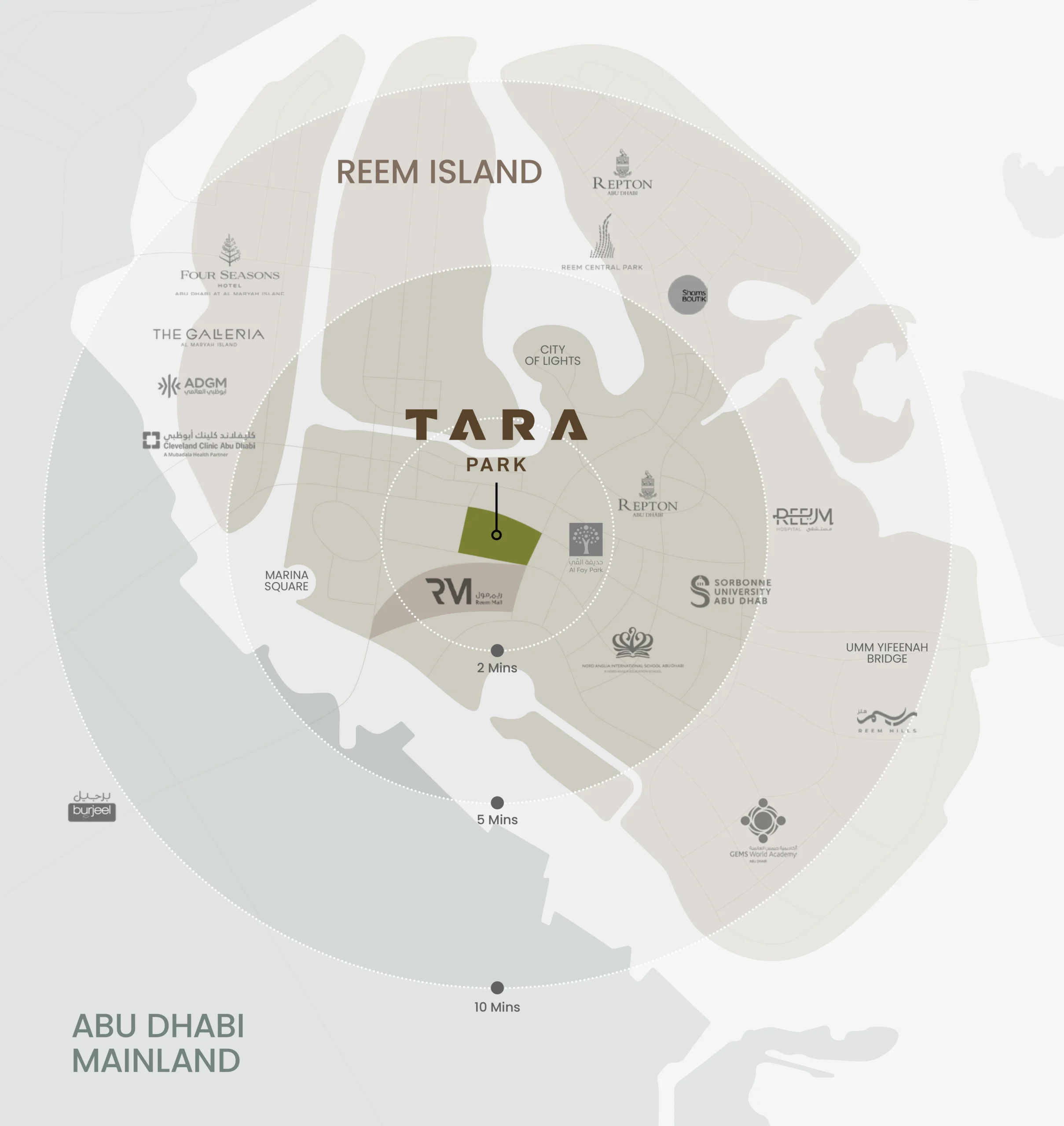 Tara Park by Modon location map highlighting connectivity in Reem Island Abu Dhabi