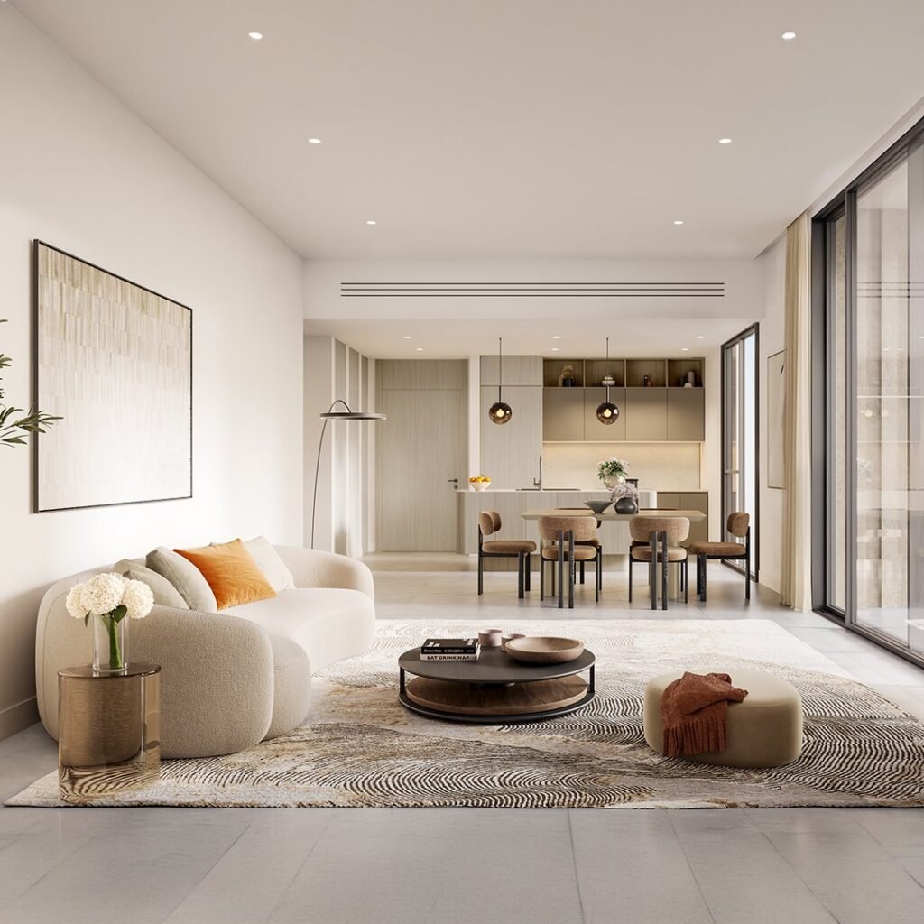 Modern living and dining area at Tara Park by Modon apartments on Al Reem Island Abu Dhabi